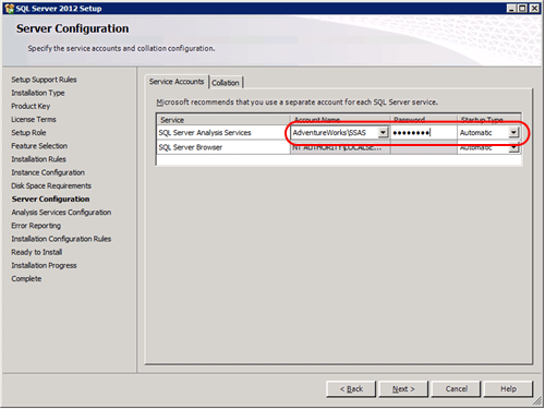 Server Configuration page, SQL Server Setup Wizard