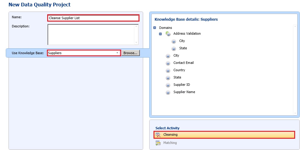 New Data Quality Project Page - Cleansing Selected