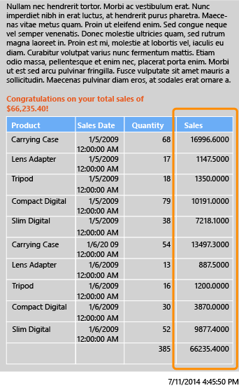 Sales totals in report