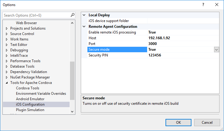 Settings for secure mode