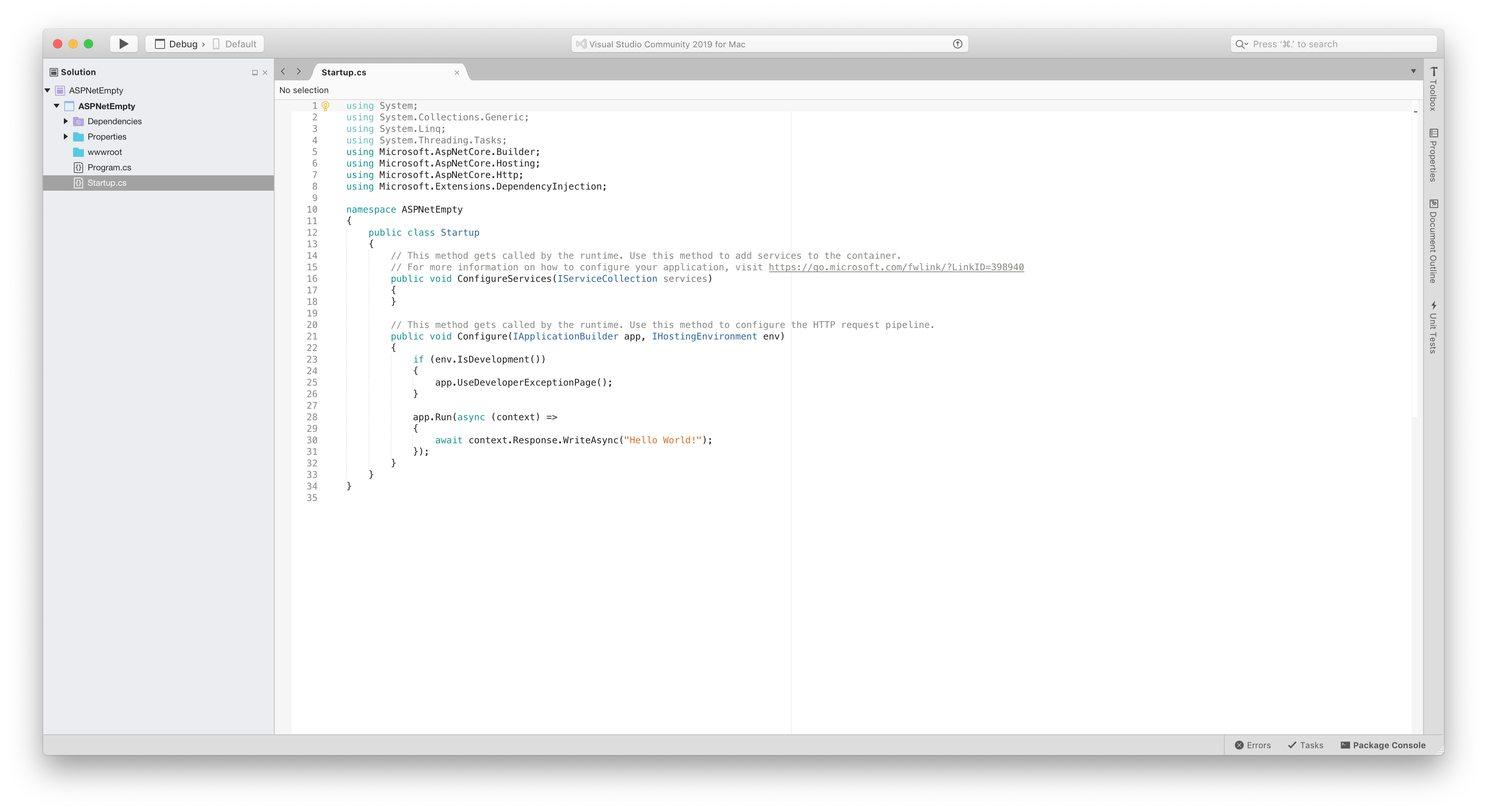 Screenshot shows new ASP.NET Core Empty Project view while creating an ASP.NET Core app.