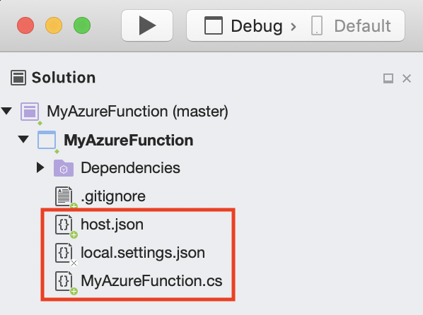 Visual Studio for Mac editor displaying a brand new Azure function from template