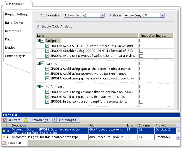 Database Code Analysis Configuration and Results