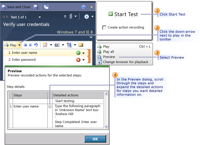 Preview action steps in a loaded test