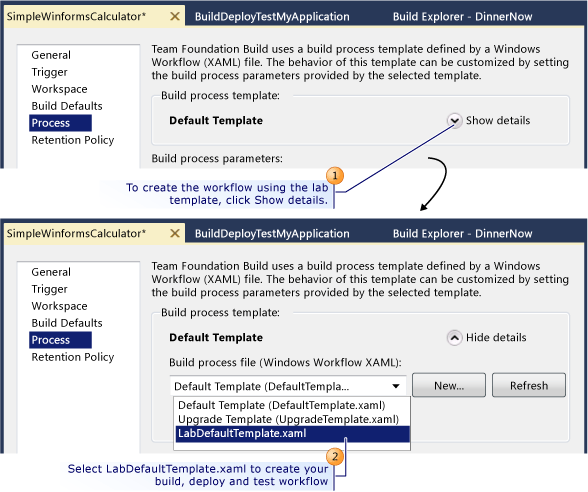 Select the build process template for the workflow