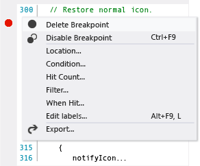 Breakpoint context menu