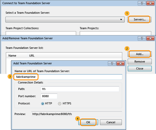 Add server upon first time connect to TFS