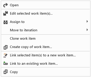 Team Web Access Work Item Shortcut Menu