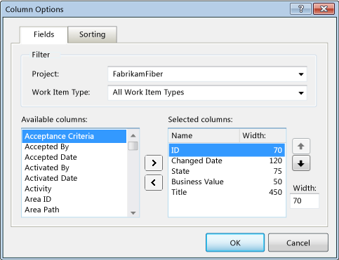 Example query column options