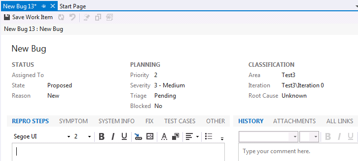 CMMI Bug work item form