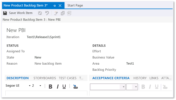 Screenshot showing a new product backlog item