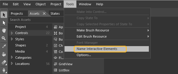 Choose Name Interactive Elements from Tools menu