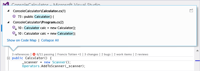 CodeLens indicators in the code editor