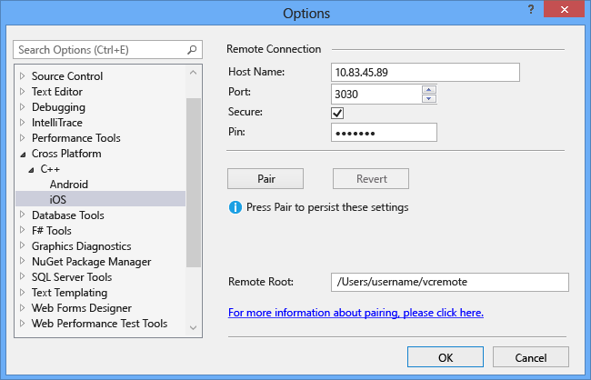 Configure vcremote connection for iOS builds