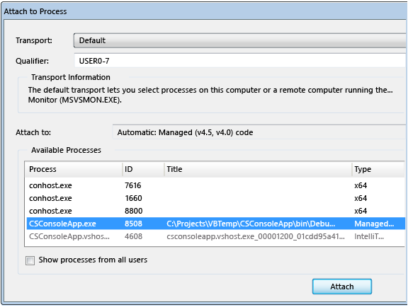 Attach to Process dialog box