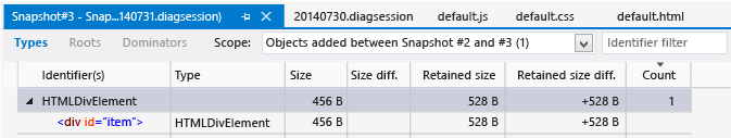 Diff view of the object count on the heap