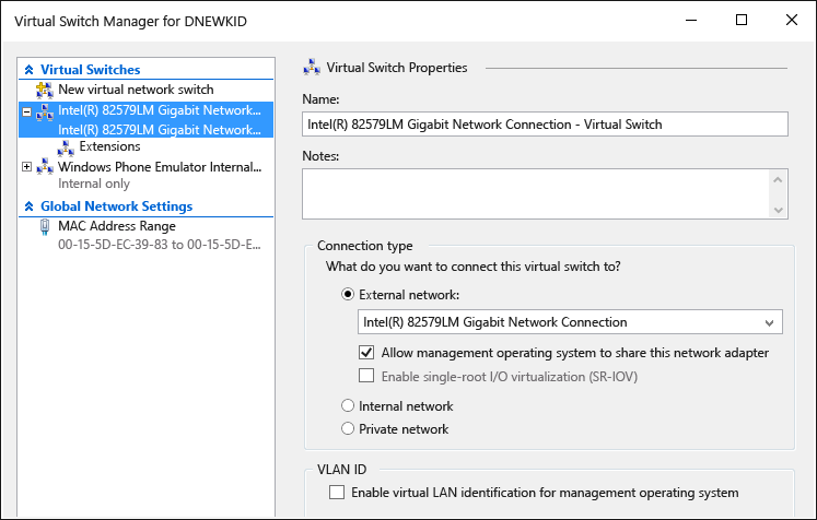 Screenshot of the Virtual Switch Manager in Hyper-V Manager. A new virtual switch is highlighted and it's properties show that it is an external network switch.