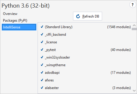 Python Environments IntelliSense tab