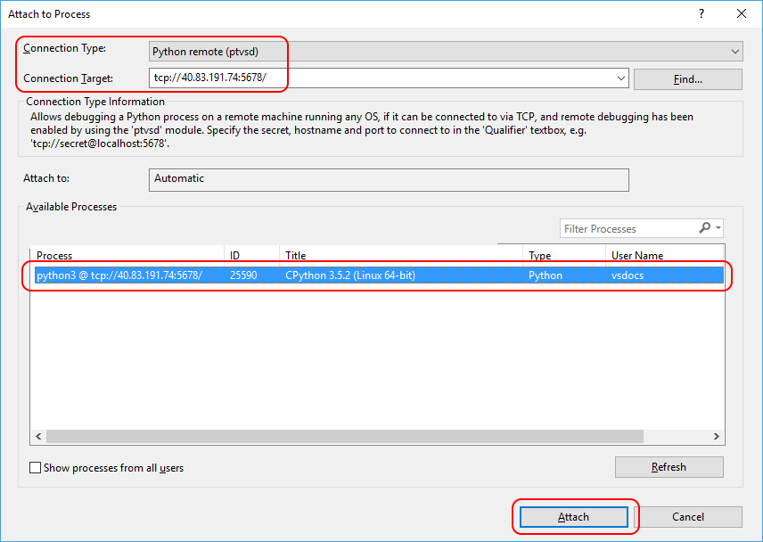 Entering the connection target and listing processes