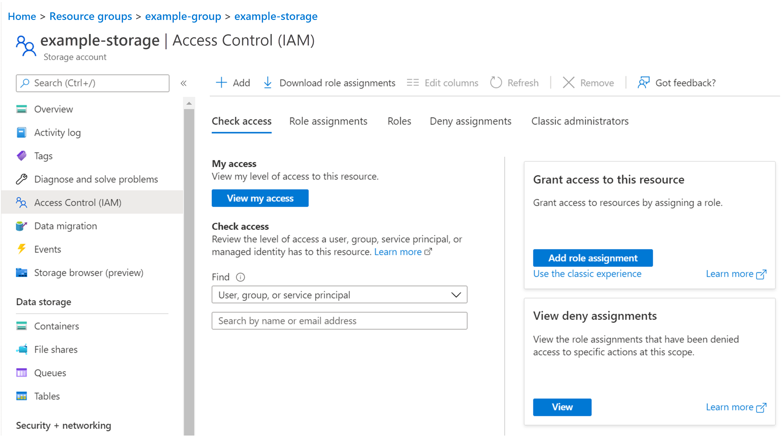 Screenshot of the Access control (IAM) section of the storage account.