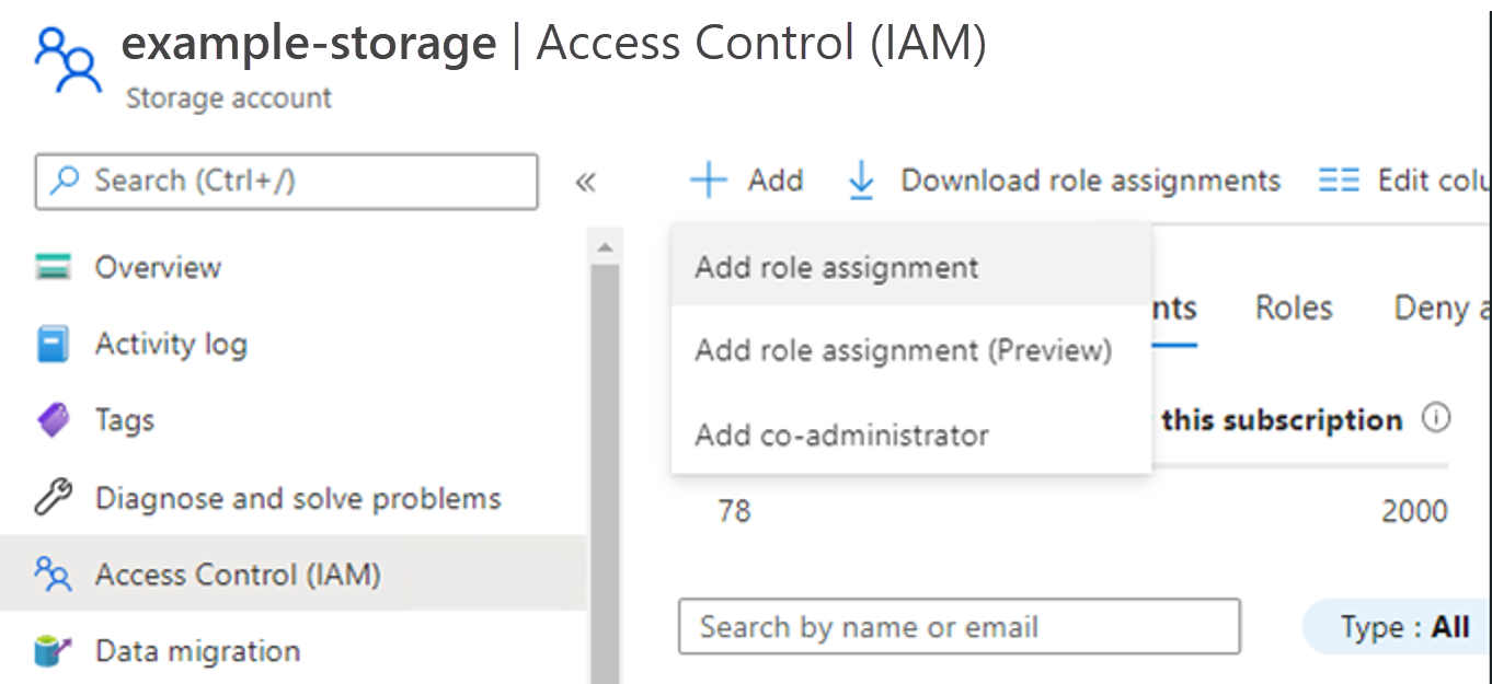 Screenshot of the Access control (IAM) section of the storage account with Add role assignment selected on the Add dropdown.