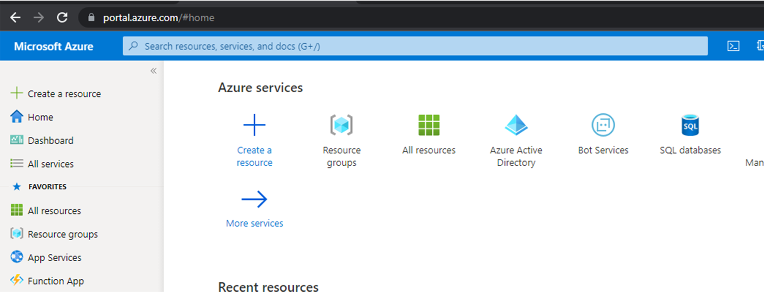 Screenshot of the Azure portal home screen.