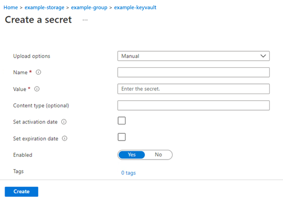 Screenshot of the Create a secret screen.