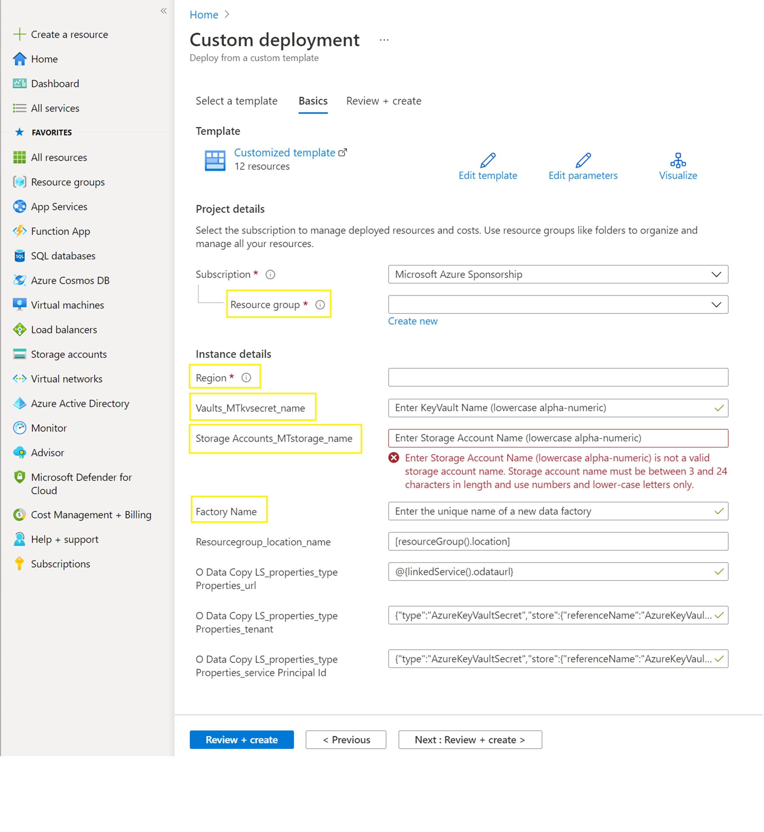 Screenshot of Custom deployment screen, Basics tab, with values you need to fill in highlighted.