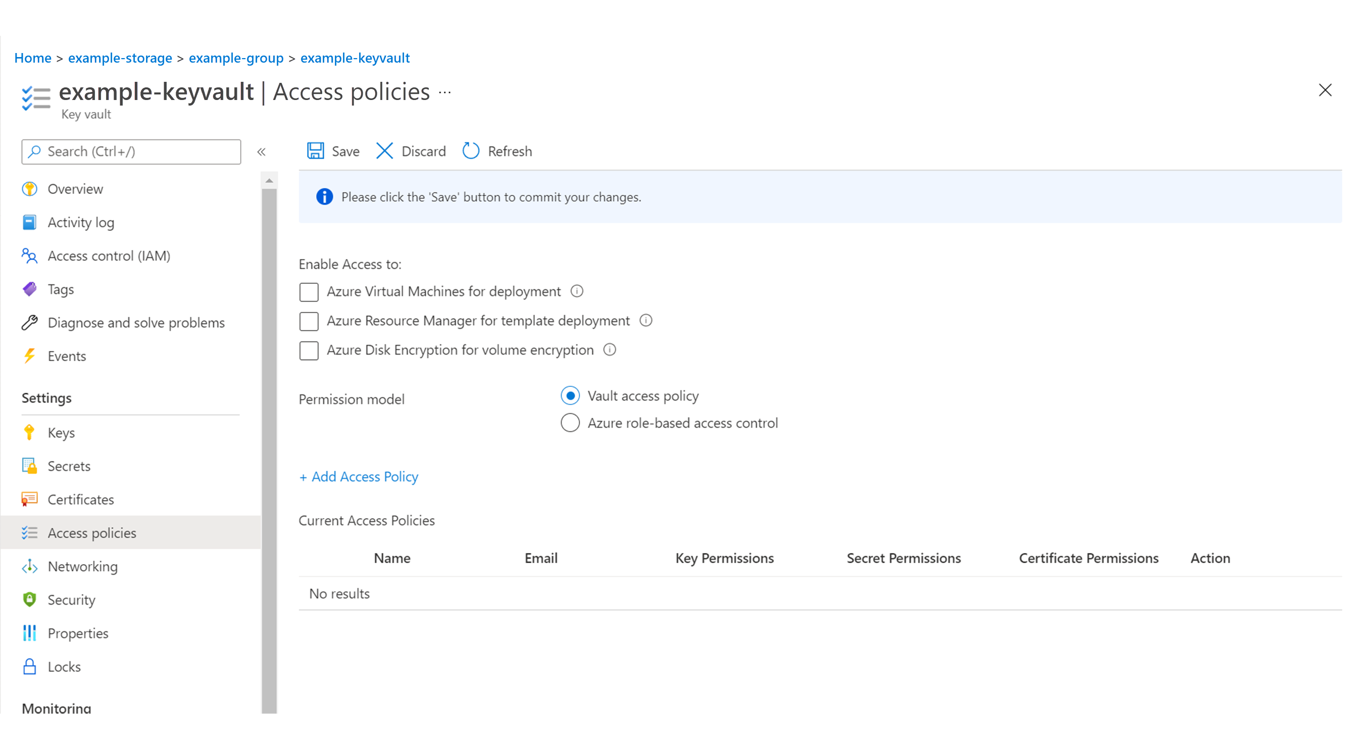Screenshot of the keyvault's Access policies screen.
