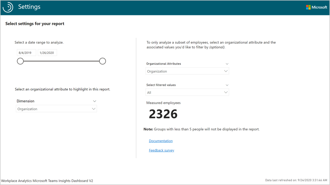 Power BI Teams insights settings page.