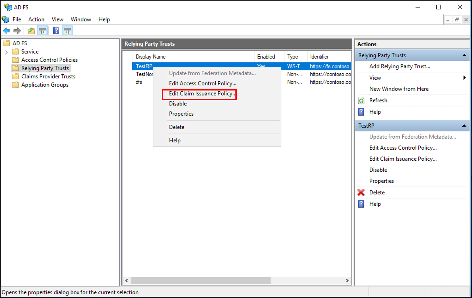 Screenshot that shows where to select the Edit Claim Issuance Policy option when you create a rule to issue an AD FS 1.x Name ID claim.