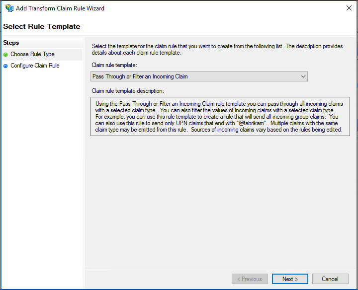 Screenshot that shows where to select the Pass Through or Filter an Incoming Claim template when you create a rule to issue an AD FS 1.x Name ID claim.