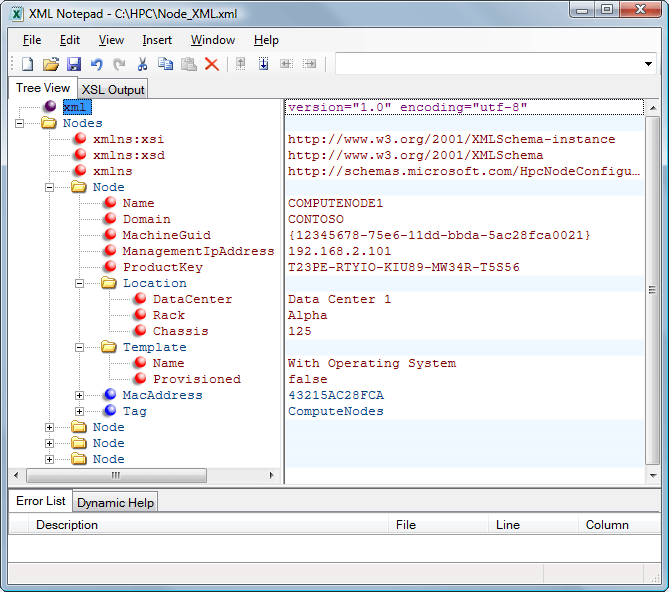 Node elements and attributes in XML Notepad 2007