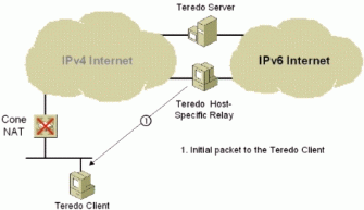 Figure 19: Initial communication from a Teredo host-specific relay to a Teredo client with a cone NAT