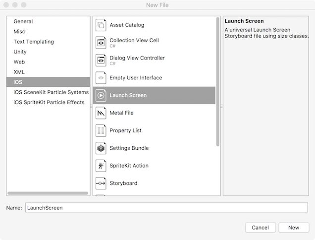The New File window, with iOS Launch Screen selected