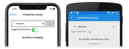 Screenshot of a CollectionView vertical list with swapped empty views, on iOS and Android