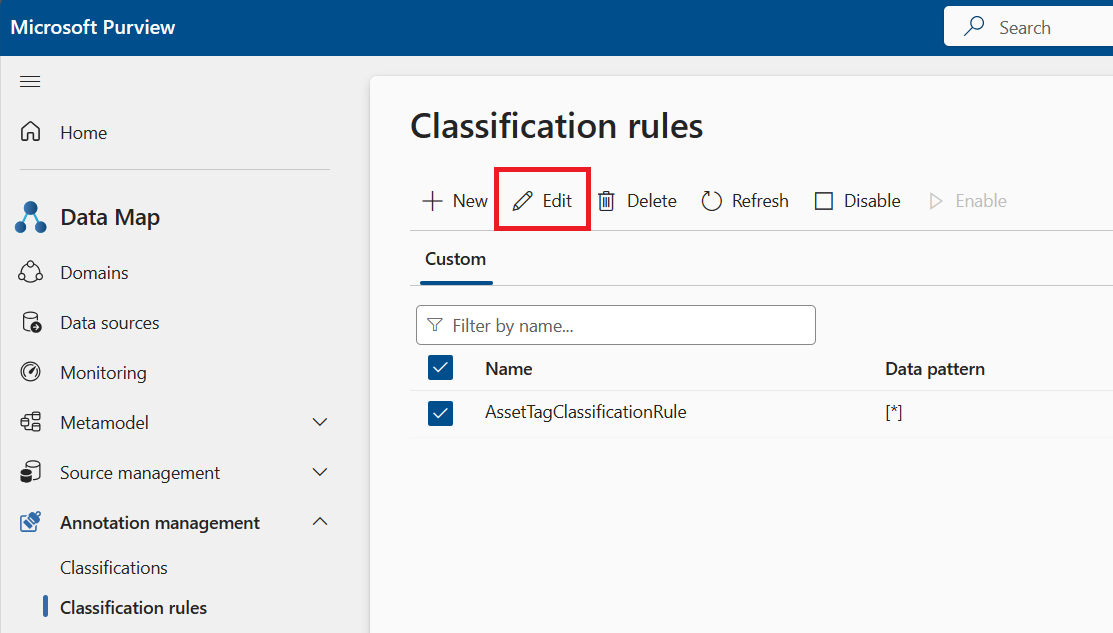 Screenshot of the custom classification rule page, showing a classification rule selected and the edit button highlighted.