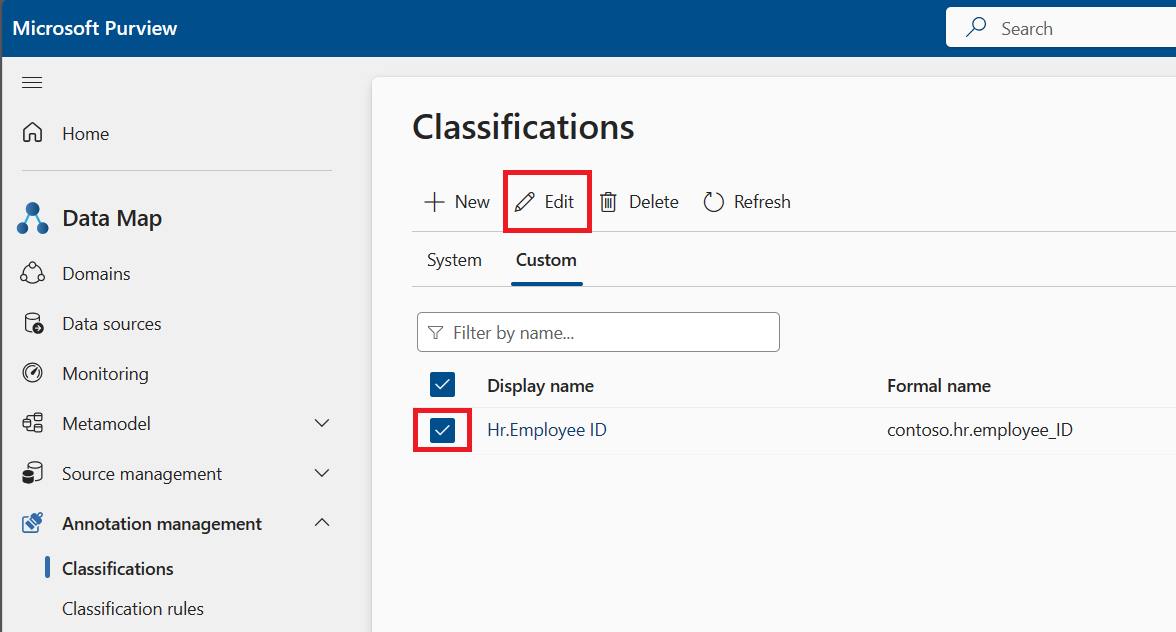 Screenshot of the custom classification page, showing a classification selected and the edit button highlighted.