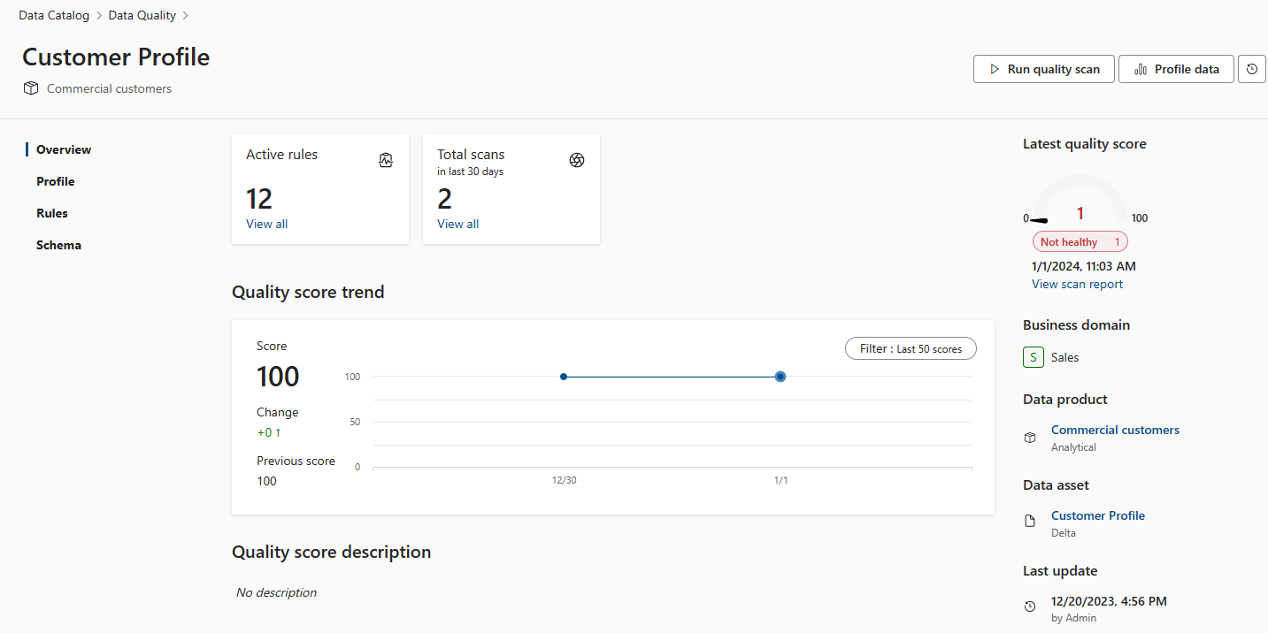 Screenshot of the data quality scan overview page.