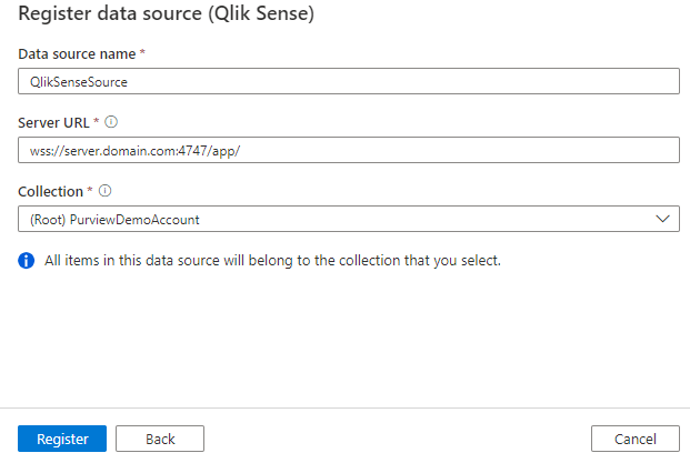 Screenshot of registering a Qlik Sense source.