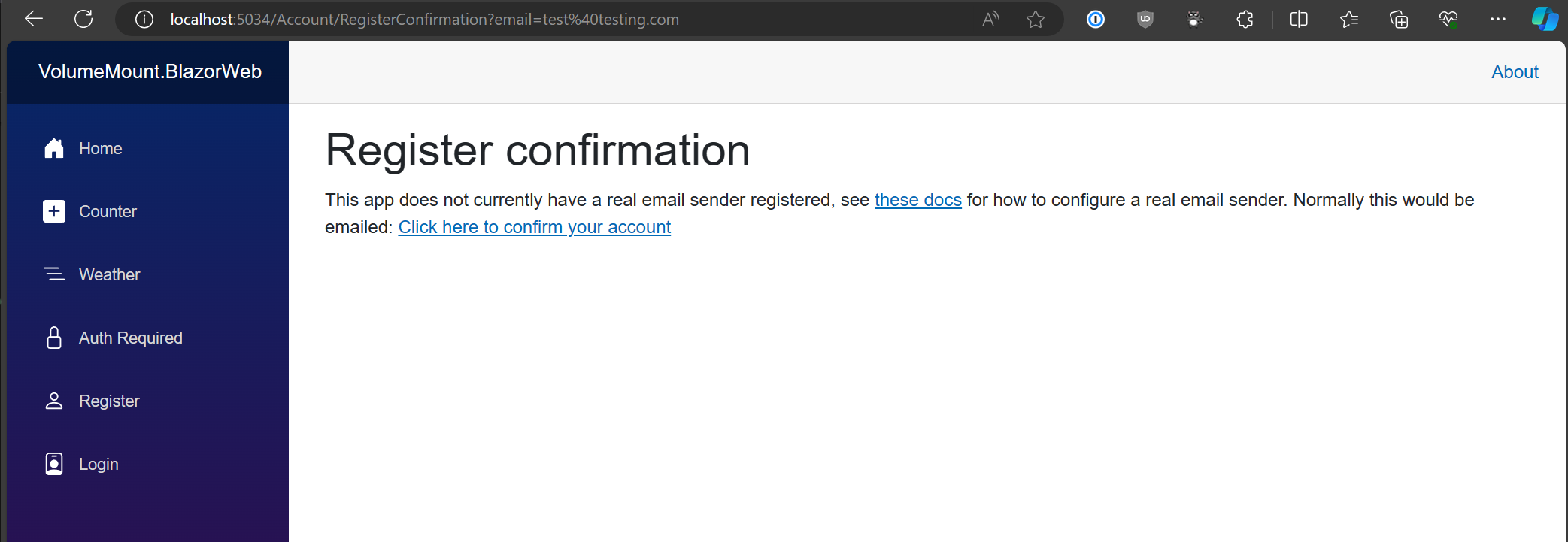 Screenshot of the account registration confirmation page
