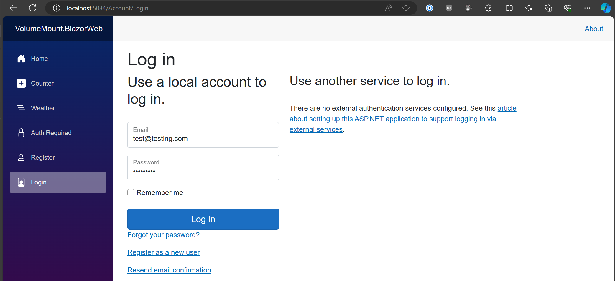 Screenshot of the account login page on the web front
