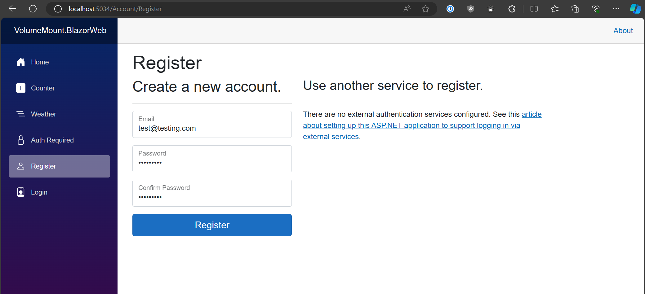 Screenshot of the account registration page on the web front end