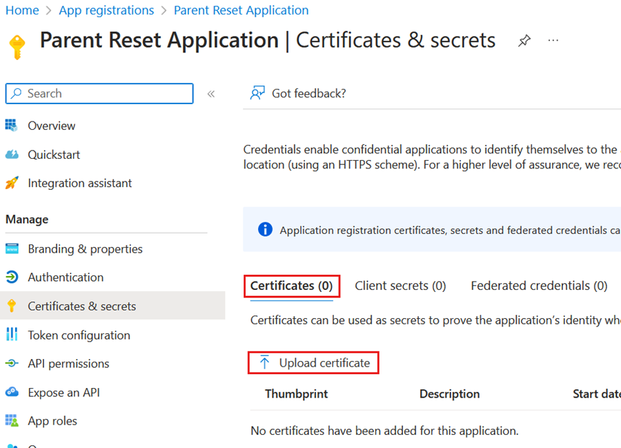 Screenshot showing location of Upload certificates.