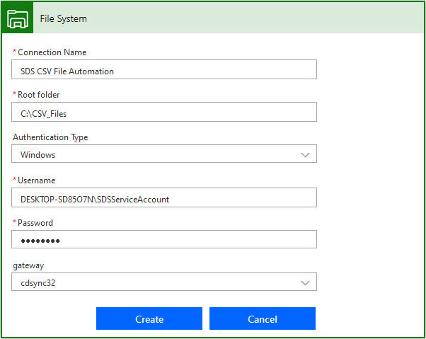 Screenshot that shows example values to create connector.