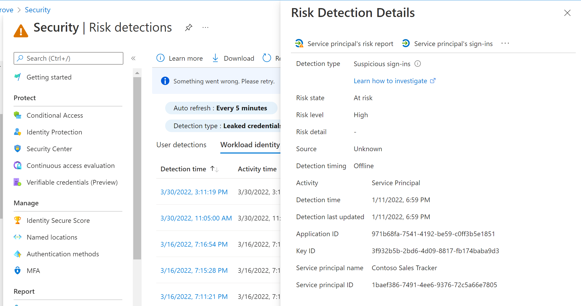 Screenshot of the Risk Detection Details portal page.