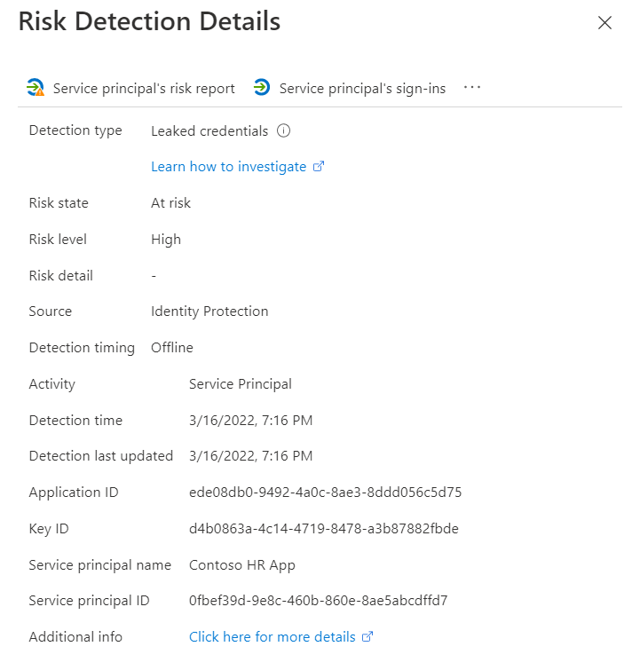 Screenshot of the Risk Detection details user interface page.