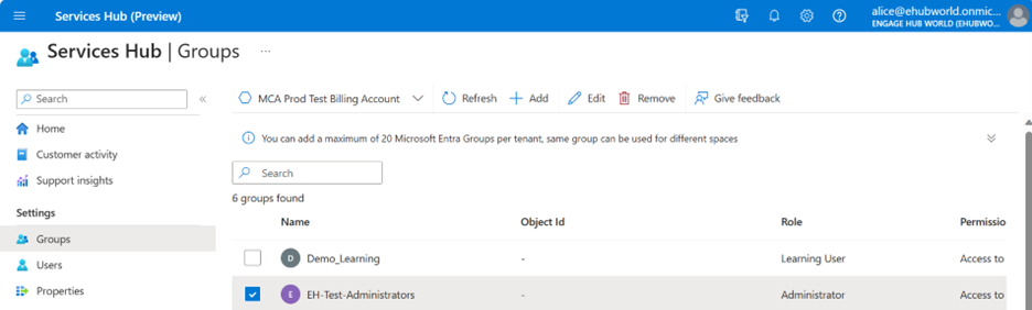 Microsoft Engage Center Groups tab.