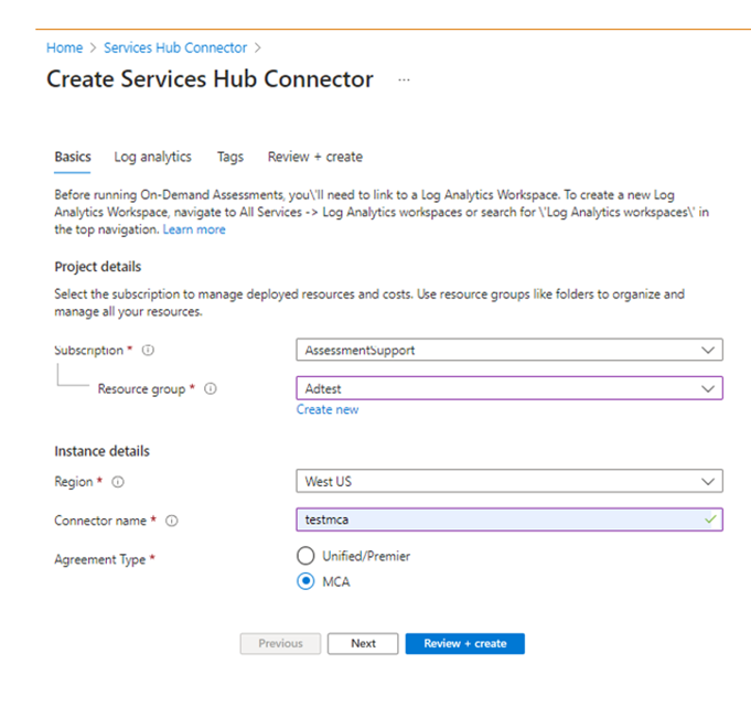 The Create Services Hub Connector view displaying the Basics tab.