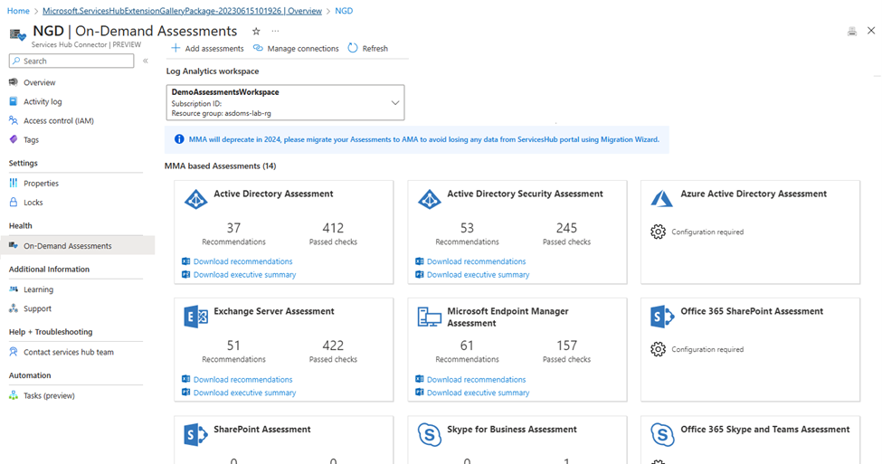 The On-Demand Assessments Services Hub Connector view.